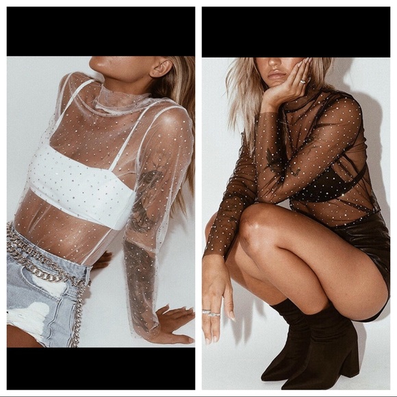 Sheer Sparkly Long Sleeve Mesh Transparent Top - Picture 2 of 8